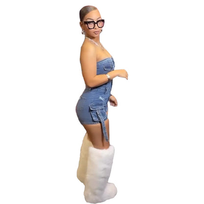 Jumpsuits Women Denim One Piece Jeans Shorts Summer 2025 Short Pants Strapless Backless Hole Washed Distressed Streetwear