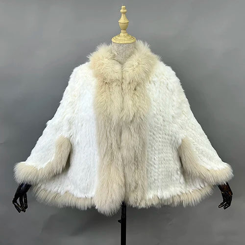 New Real Genuine Natural Knitted Rabbit Fur Shawl Coat With Fox Fur Collar Women's Fashion Knit Jacket Cape