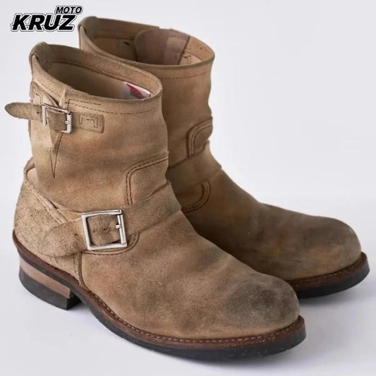 Hot Handmade Vintage Khaki Suede Work Boots Men and Women Engineer Ort Shoes American Retro Motorcycle Boot Faded Mid-Calf Boot