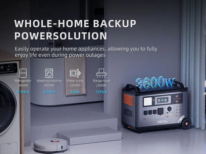 OSCAL PowerMax 3600SE Portable Power Station, 3600Wh LiFePO4 Battery, Solar Generator optional 400W Solar Panel, 3600W (Surge 7200W) Fast charging Home Backup Battery, Power Supply for Camping, RV
