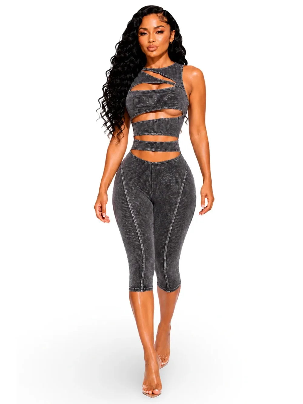 FLARORA Fashion Ribber Knitted Capri Jumpsuits Woman Sexy Hollow Out O-neck Sleeveless Zipper Skinny Playsuits Hottie Streetwear