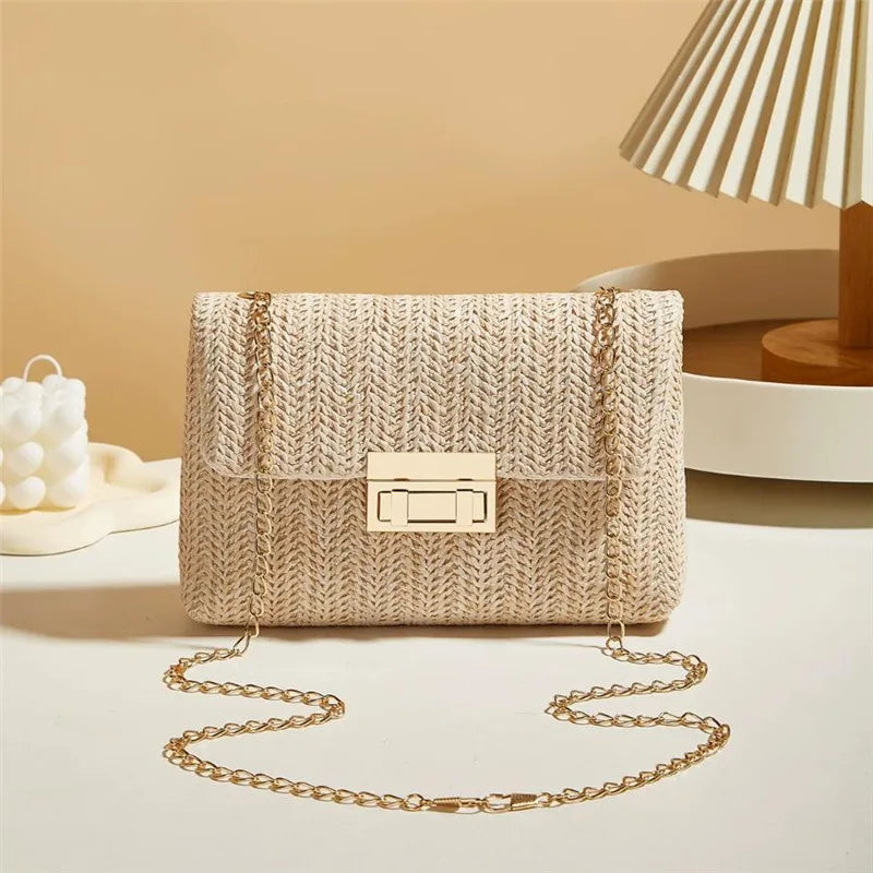 Woven Straw Handwoven Women's Shoulder Bag, Fashion Solid Color Crossbody Purse with Lock Closure