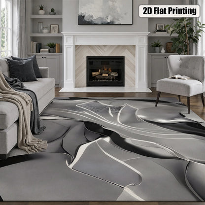 Large Indoor Area Rug, Soft Velvet Low Pile with Non-Slip Dotted Backing, Machine Washable, Abstract Silver Gray Fluid Modern Pattern for Living Room Bedroom Home Decor