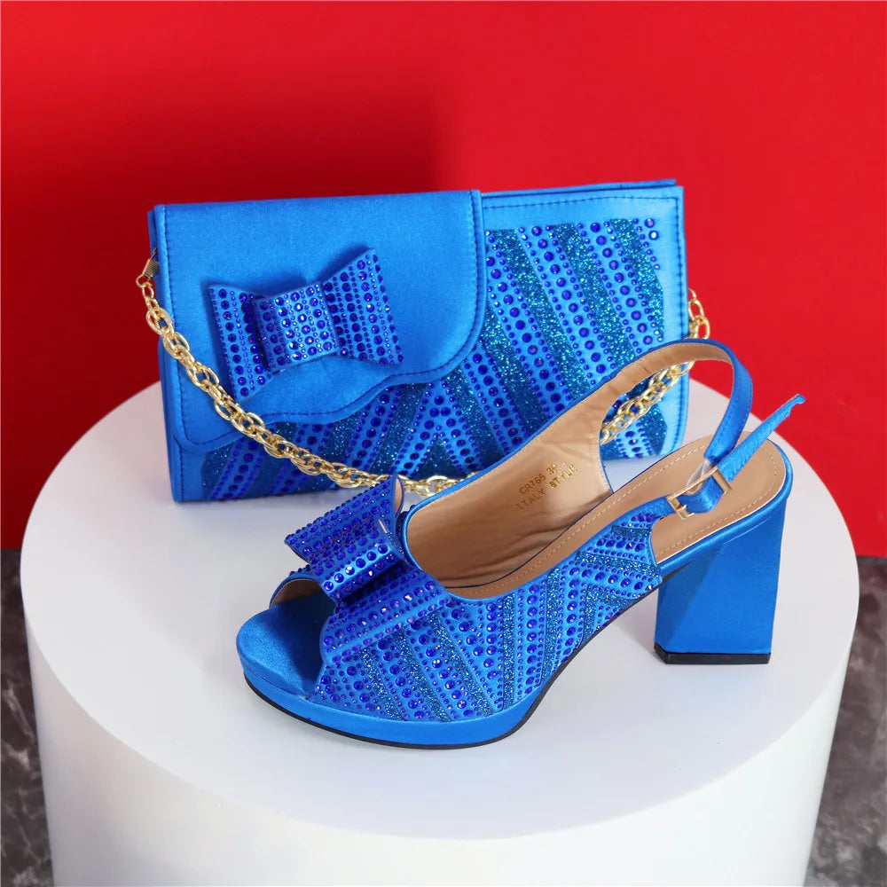Mature Sweet 2024 Super Heels Peep Toe Ladies Slipper Shoes with Bag Set in Blue Color For Nigerian Women Wedding Party