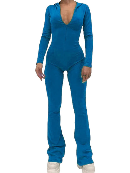 Women's Zip Up Hooded Jumpsuit New Streetwear Flare Rompers Solid Color Skinny Long Sleeve Jumpsuits Luxury Clothes Women Hot