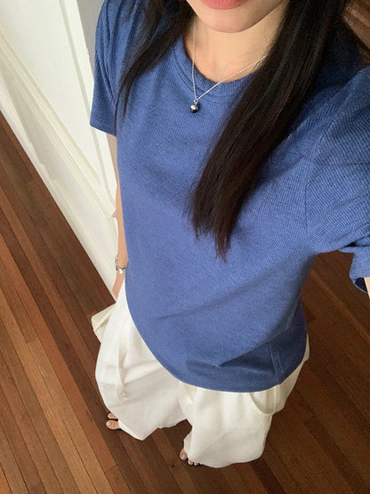 RZIV Summer women's casual solid color round neck short sleeved T-shirt