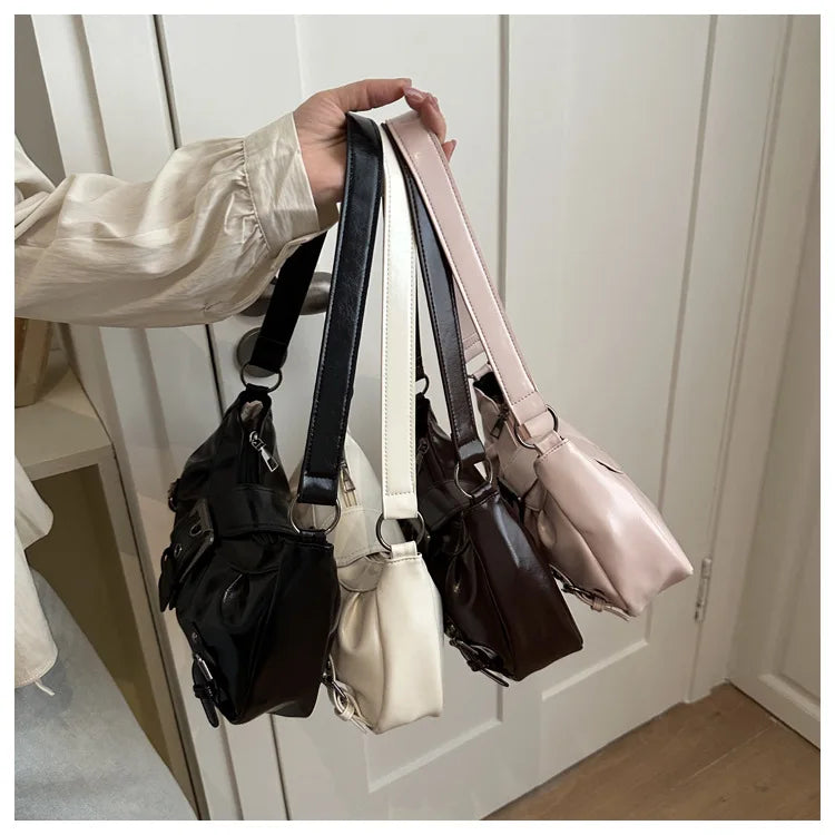 Fashion Pleated Lock Design Women's PU Shoulder Bags Simple Solid Color Ladies Underarm Bag Portable Cool Girls Phone Handbag