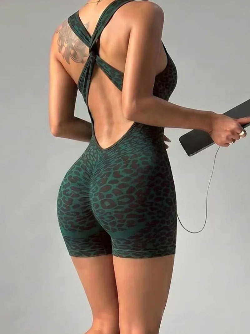 Woman Clothes Leopard Jumpsuits Rompers Backless Seamless Yoga Fitness Sports Overalls Female One Piece Sleeveless Gym Bodysuit