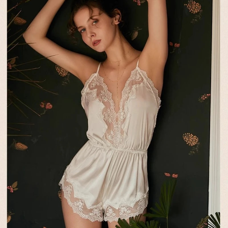 Sexy Pajamas Women's Onesies New Ice Silk Lace Suspender One-piece Bodysuits Soft Satin Emboridery Underwear Adult Onesie