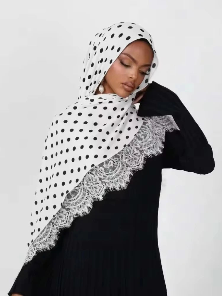 New Lace Modal Hijab Double Sided Polka Dot Print Hijabs for Women Muslim Fashion Turban Head Scarf Headwraps for Women Ramadan