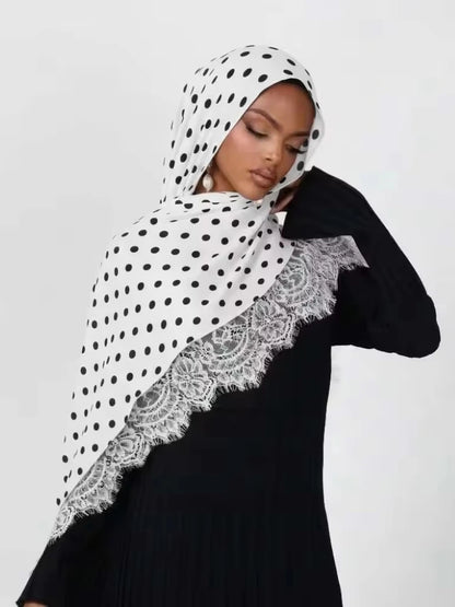 New Lace Modal Hijab Double Sided Polka Dot Print Hijabs for Women Muslim Fashion Turban Head Scarf Headwraps for Women Ramadan