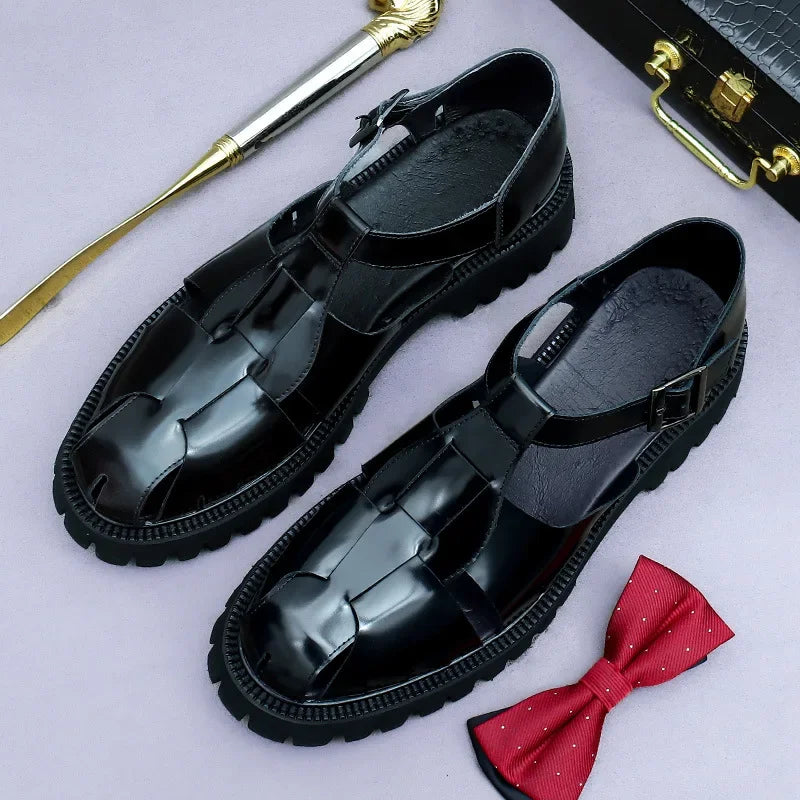 4.5Cm Thick Sole Heightening Sandals Men's Glossy Cowhide Buckle Business Casual British Genuine Leather Summer Sandals for Men