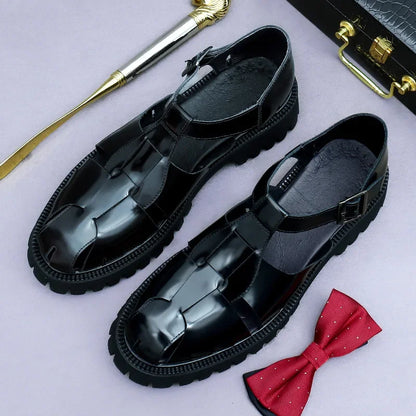 4.5Cm Thick Sole Heightening Sandals Men's Glossy Cowhide Buckle Business Casual British Genuine Leather Summer Sandals for Men