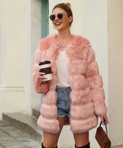 2026 Winter Long Sleeve Faux Fur Long Coat Women Elegant Pink Fluffy Outwear Jacket Lady Solid Casual Thick Warm Furry Outwear