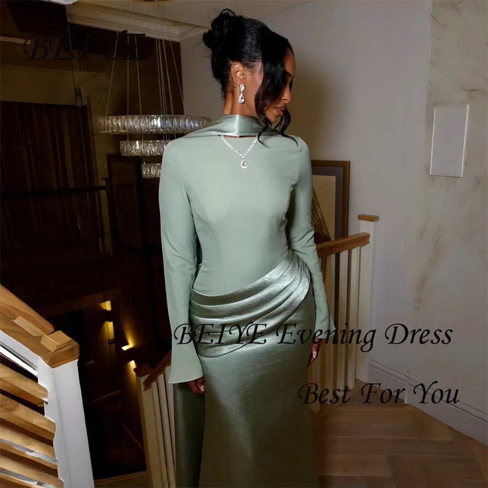 BEIYE Vintage Green Satin Long Sleeves Sheath Women's Formal Evening Gowns 2026 O-Neck Prom Dress Pleat Party Gown Customized