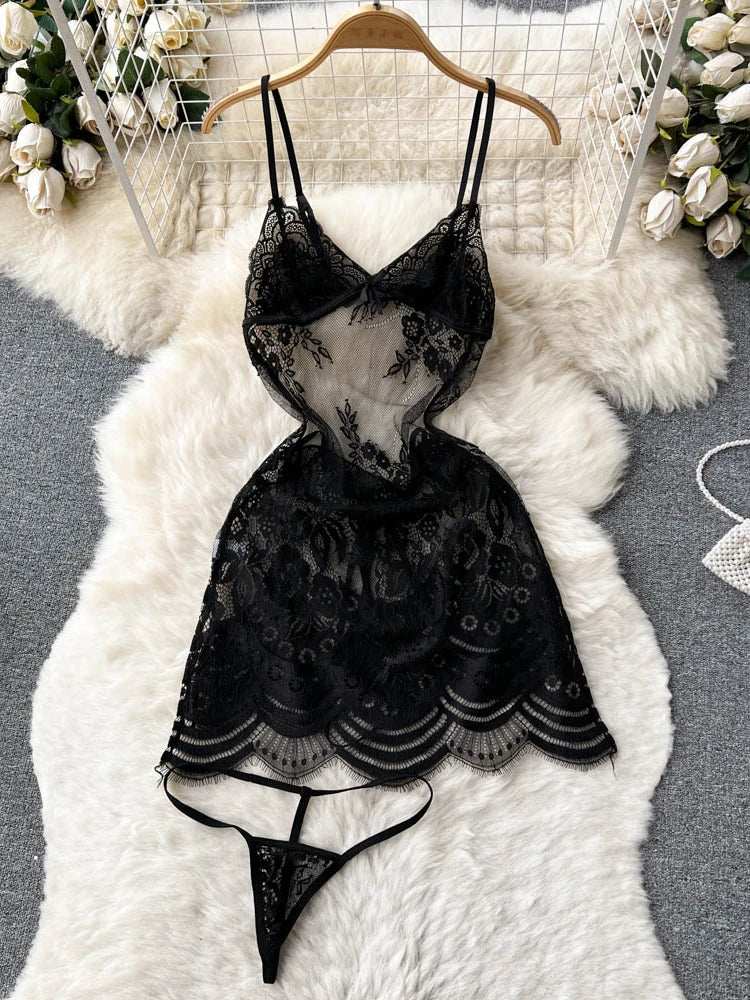 Coquette Lace Lingerie Set Sexy Mesh Bodysuit Valentines Day Sleepwear Gothic Strappy Catsuit Intimate Nightwear Romper