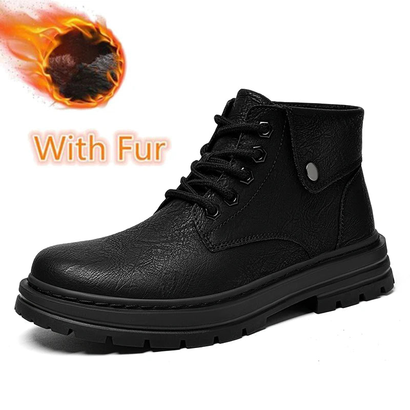 Genuine Leather Mens Motorcycle Boots Handmade Retro Men Ankle Boots Man Winter Plush Snow Botas Outdoor High Top Shoes Sneakers