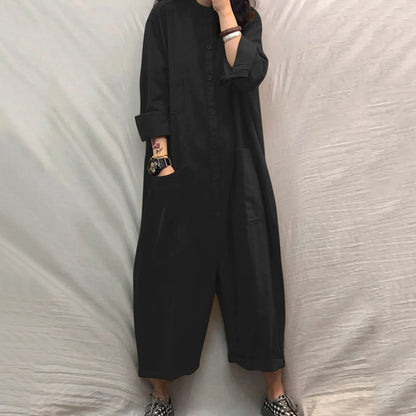 Solid Color Casual Loose Pocket Jumpsuit Women New Fall Simple Long Sleeve Shirt Female Vacation Rompers Fashionable Streetwear