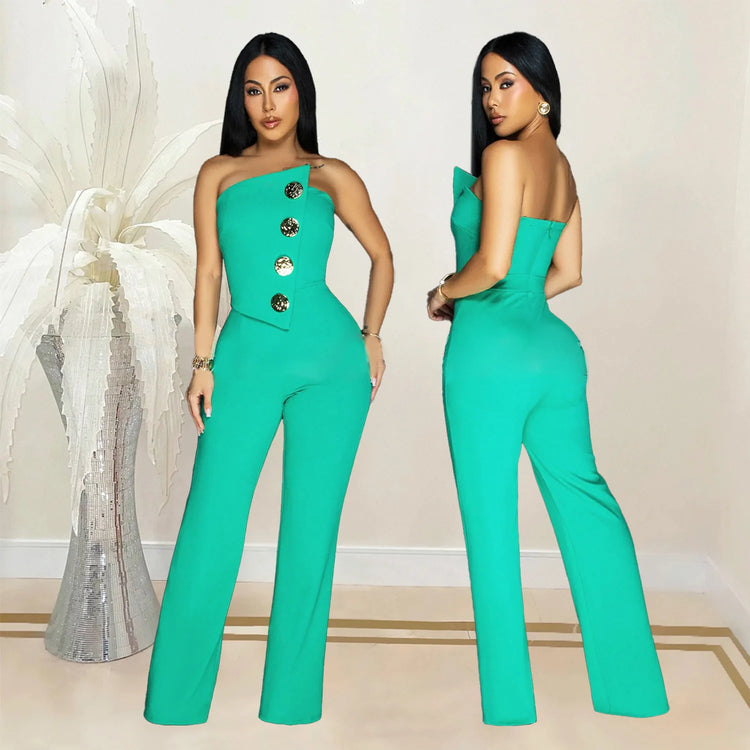 HBLL Women's Elegant Button Strapless Sleeveless Irregular Jumpsuits One Piece Metal Button Decor Overalls Outfit Night Clubwear