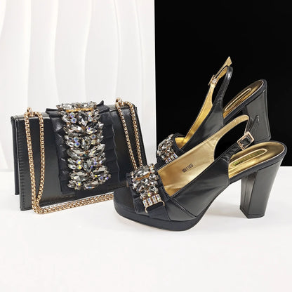 Purple Elegant Women Open Toe Heels Shoes and Bag Set Decoration Rhinestones Italians Women High Heels Shoes With Match Handbags