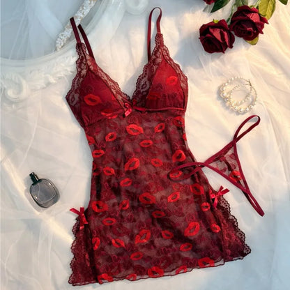 Hot Sexy Women Lace Nightgown Set See Through Pajamas Dress Sexy Deep V Home Valentine's Day Gift Sleeping Skirt Dress