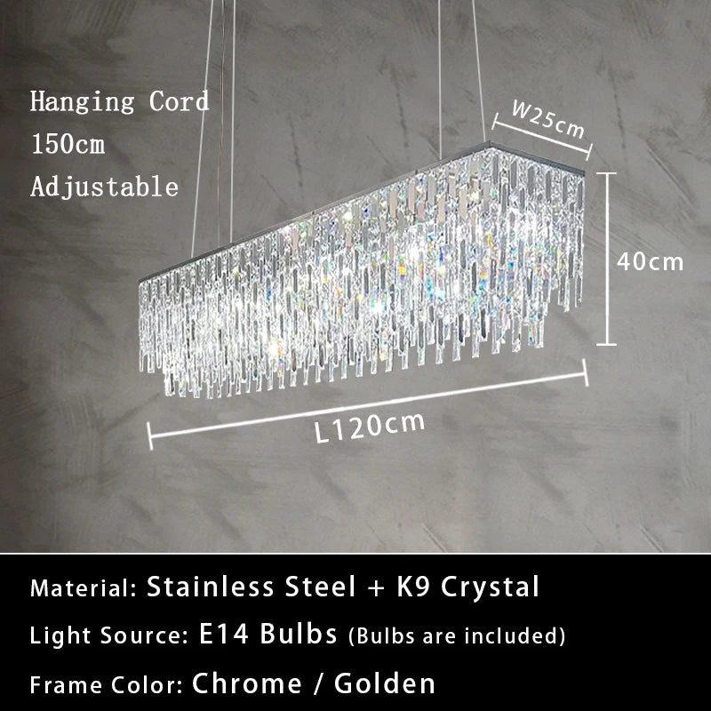 Luxury Crystal Long Pendant Lights Modern Lustres LED Chrome Hanging Lamps for Ceiling Silver Home Decor for Dining Room Remote