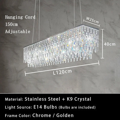 Luxury Crystal Long Pendant Lights Modern Lustres LED Chrome Hanging Lamps for Ceiling Silver Home Decor for Dining Room Remote