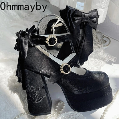 Summer Platform High Heel Women Lolita Mary Jane Shoes Fashion Butterfly-knot Stripper Party Dress Pumps Shoes