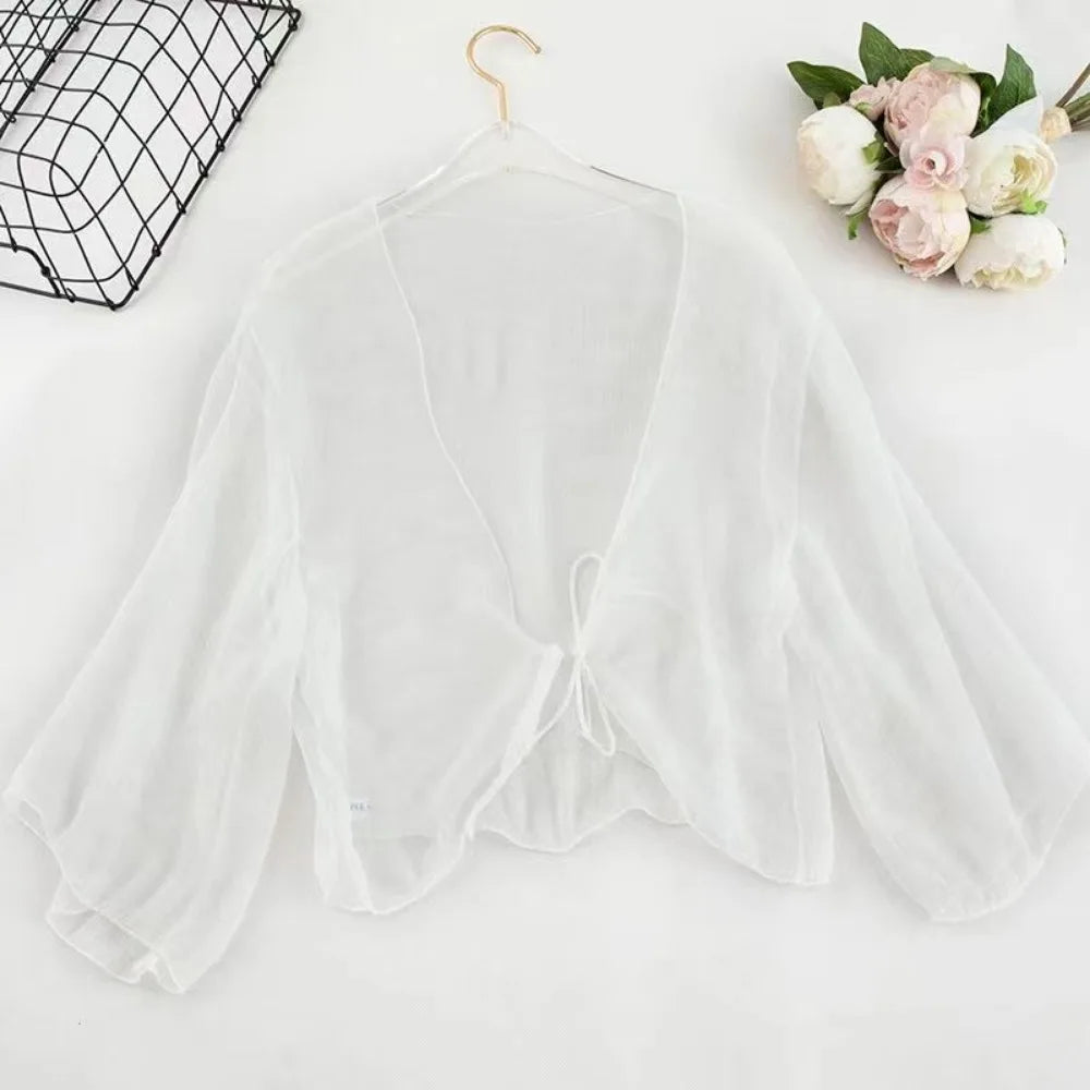 Casual Crinkle Women Cardigan Loose Chiffon Short Shawl See Through Transparent Thin Section Top Small Jacket