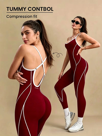Women Spaghetti Strap Yoga Jumpsuit White Contrast Piping One Piece Fitness Bodysuit Tummy Control Gym Workout Pilates Tennis Sp