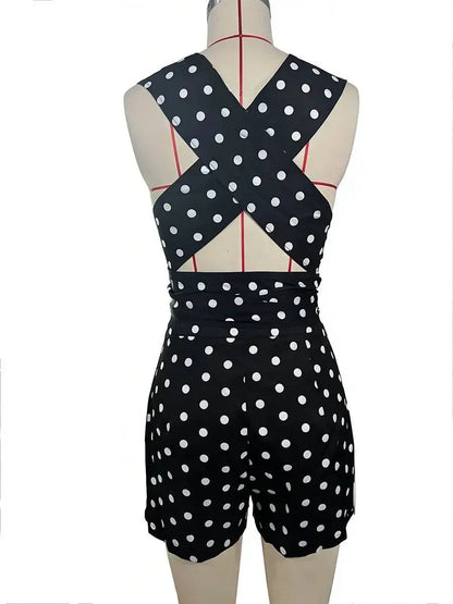 Women Halter Sleeveless Deep V Belted Polka Dot Fitted Romper Boho Spring Summer Vacation Beach Lightweight Breathable Romper