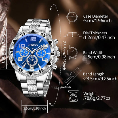 Geneva Three Eyes Blue Plate Men's Steel Belt Watch Blue and White Full Diamond Cuban Bracelet Two Piece Set,
