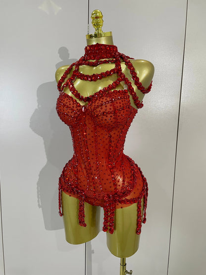 Luxury Sparkly Red Rhinestones Mesh Stretch Bodysuit Women Birthday Party Nightclub Bar Singer Dancer Performance Stage Costume