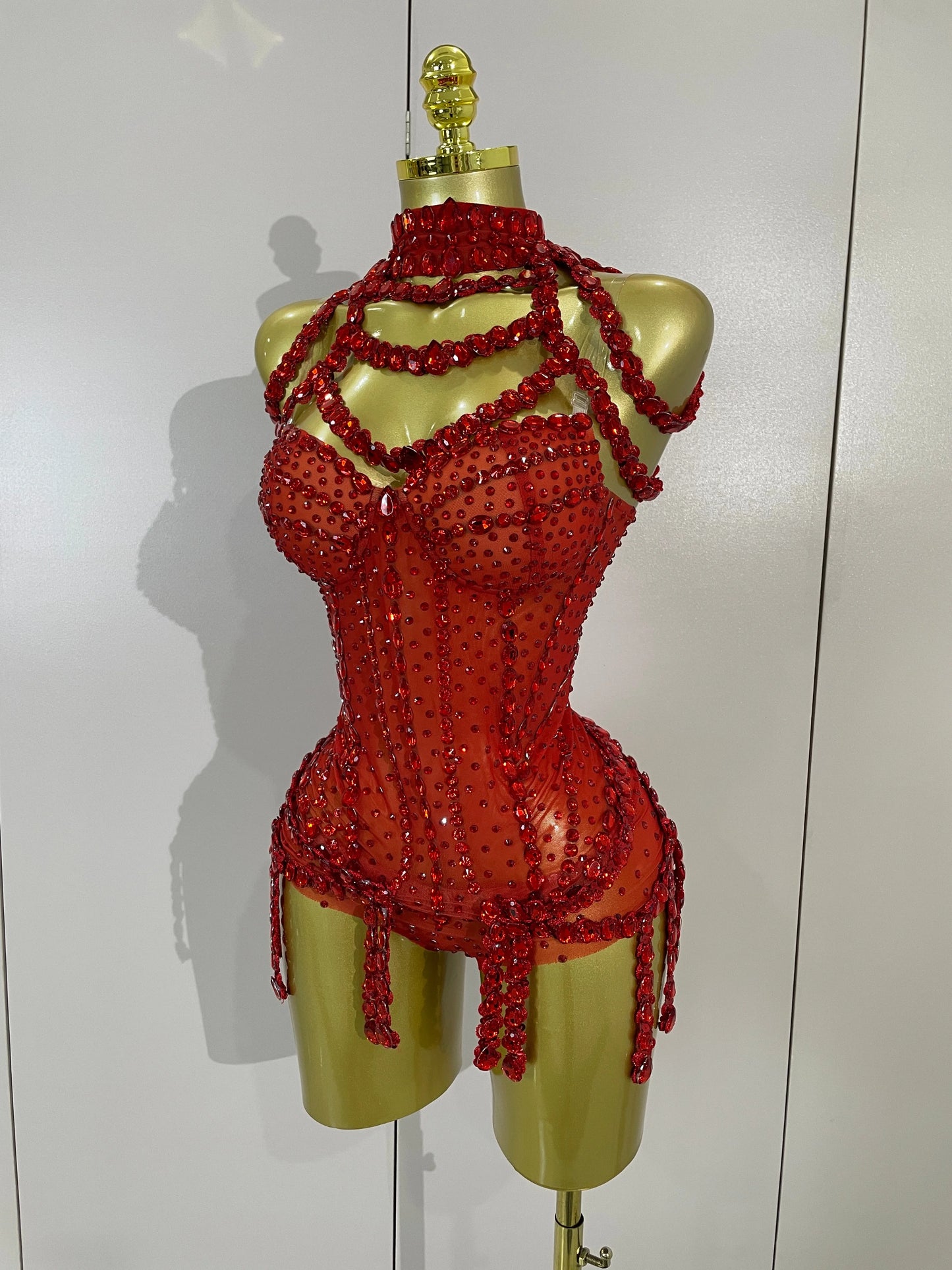 Luxury Sparkly Red Rhinestones Mesh Stretch Bodysuit Women Birthday Party Nightclub Bar Singer Dancer Performance Stage Costume