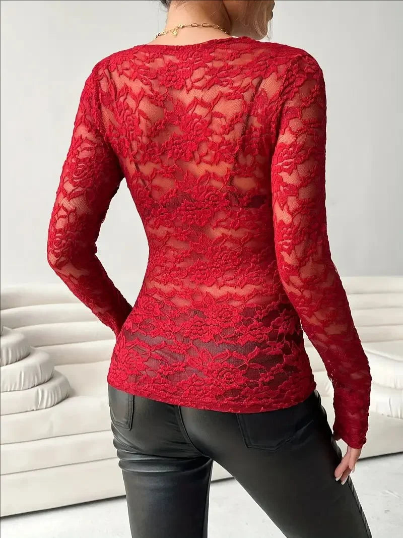 Women Lace V Neck Long Sleeve Sheer Mesh Floral Lace Top Slim Fit See Through Bodycon Jumpsuit for Party Clubwear Daily Wear
