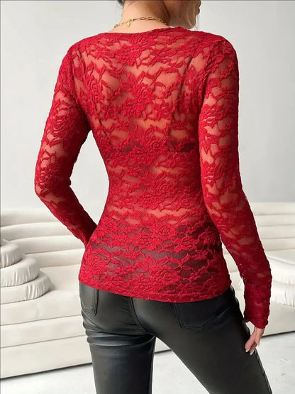 Women Lace V Neck Long Sleeve Sheer Mesh Floral Lace Top Slim Fit See Through Bodycon Jumpsuit for Party Clubwear Daily Wear