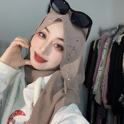 Malay Solid Chiffon Turban Head Scarf for Women, Irregular Rhinestone Hotfix Wrapped L-Edge Pull-On Scarf,Soft Muslim Hijab Wrap