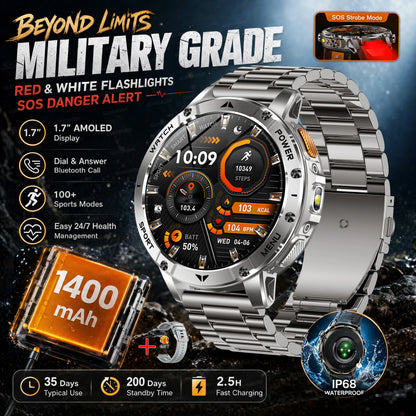 TANK Ultra Outdoor Smartwatch 1400mAh Battery Military Watches Waterproof Two-color Tactical LED Flashlight Men Sports Bracelet