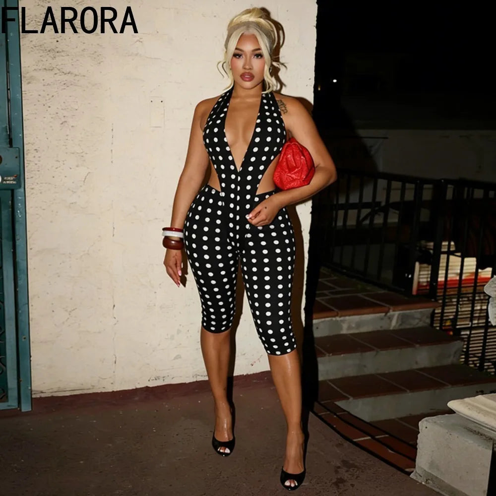 FLARORA Sexy Polka Dot Print Jumpsuits Woman Hipster Halter Sleeveless Backless Hollow Skinny Jumpsuit Hottie Party Streetwear