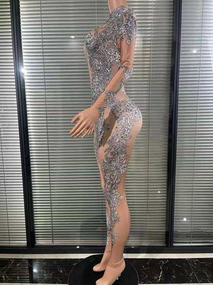 Sexy Luxury Fashion Long Sleeves Diamond Rompers Club Dance Stage Costumes Sexy Party Playsuits Women Rhinestones Jumpsuits