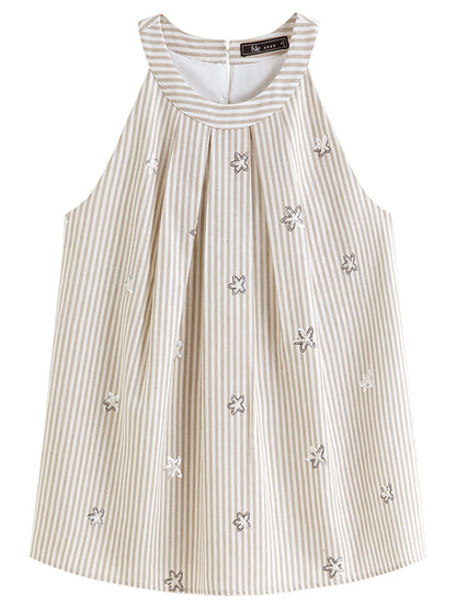 FSLE【Premium Series】2026 Summer Women's Striped Embroidered Sleeveless Blouse - Vacation Elegance Collection for Resort
