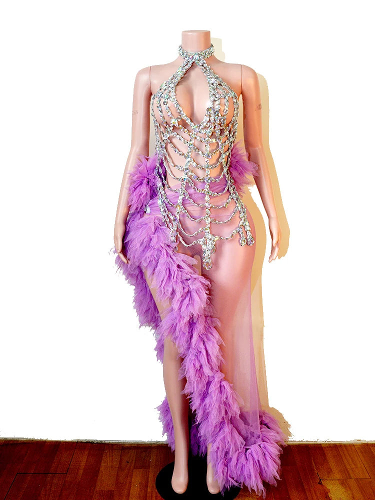 Sexy Purple Neck Hanging Spider Web 2PCS Set Gauze See-through Dress Carnival Performance Singer Dance Costume Drag Queen Stage