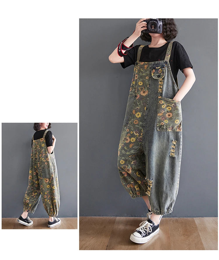 Casual Oversized Print Floral Denim Overalls For Women Loose Wide Leg Mom Jeans Rompers And Jumpsuit Cargo Straps Baggy Pants