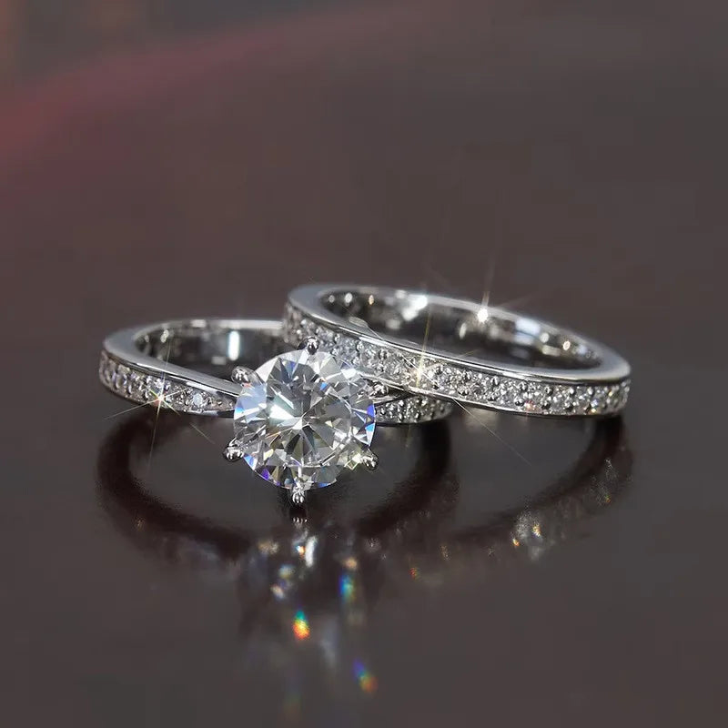 925 Sterling Silver Bright 6 Claws Cubic Zirconia Rings Set for Women Elegant Gorgeous 2Pcs/Set Wedding Band Jewelry Trendy