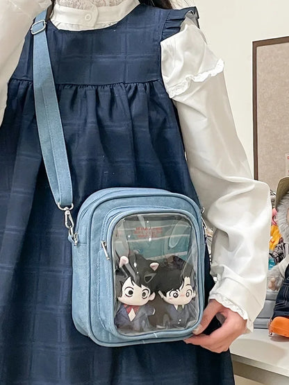 New Denim Ulzzang Ita Bags Female Transparent Badge Doll Show Crossbody Shoulder Bag Individuality Designer 2 Sides Bolso Mujer