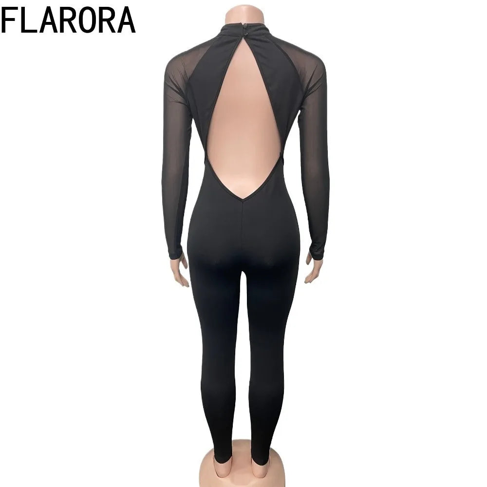 FLARORA Sexy Mesh Patchwork See Through Jumpsuits Woman Long Sleeve Hollow Out Backless Slim Jumpsuit Midnight Party Clubwear