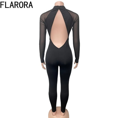 FLARORA Sexy Mesh Patchwork See Through Jumpsuits Woman Long Sleeve Hollow Out Backless Slim Jumpsuit Midnight Party Clubwear