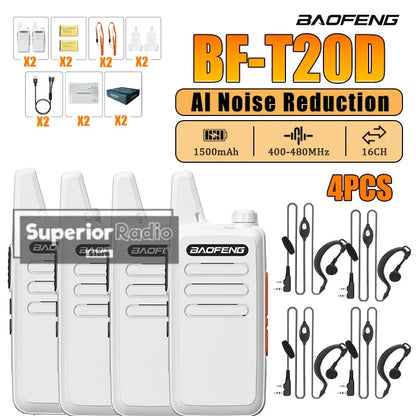 2/4PCS Baofeng BF-T20D Portable Walkie Talkie Type-C Charging 400-480Mhz AI Noise Reduction 16 Channels Mini Two Way Ham Radio