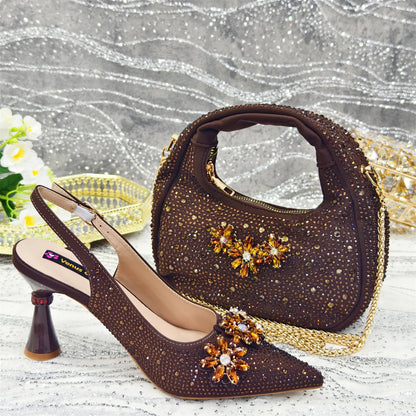 Venus Chan Olive-Green Pointed-Toe Women's High Heels Shoes and Bags for Party Rhinestone Evening Elegant Luxury Handbag