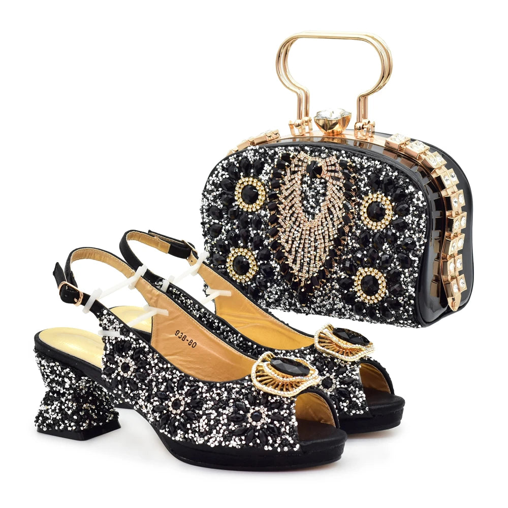 Popularity Peep Toe Heels for Women 2025 Elegant Party Full Diamond Pumps Italian Shoes and Bags Matching Set Bridal Shoes
